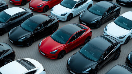Electric cars parked in a dealership lot featuring sleek black, red, and white models