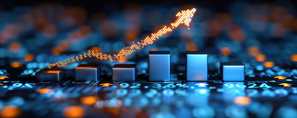 Blue bar graph with a glowing golden arrow pointing up. Shows growth, success, positive trend and upward movement. Use for business, finance, marketing, and more.