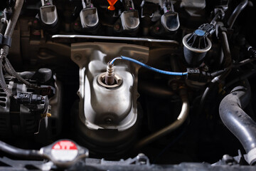 under car hood. Motor engine background banner. parts and open hood