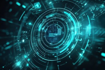 Fototapeta premium Dynamic and futuristic digital background featuring a glowing, high-tech interface with circular elements and a digital grid design