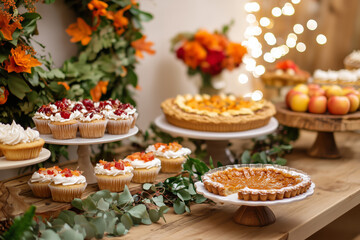 Various desserts, cake, cookies, pastries and macaroons on a beautifully decorated table in autumn style