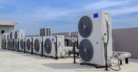 Air conditioning (HVAC) on the roof of an industrial building with , building's cooling system.