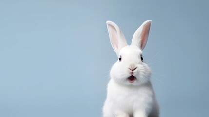 Obraz premium cute animal pet rabbit or bunny white color smiling and laughing isolated with copy space for easter background, rabbit, animal, pet, cute, fur, ear, mammal, background, celebration, generate by AI