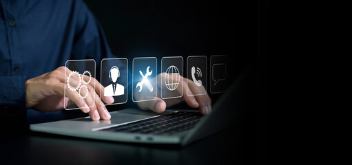 Service support customer help call center , business technology button on virtual screen concept. Customer relationship and service warranty quality assurance