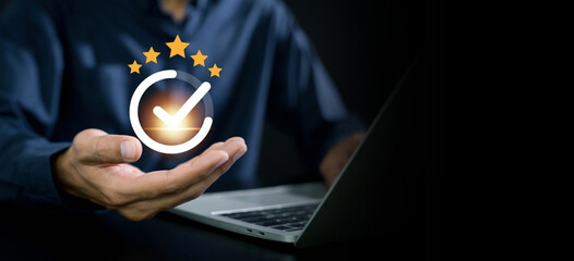 Standards quality assurance control Businessman touch on virtual correct sign with document icon...