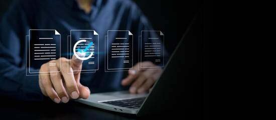 Businessman use document icon on virtual screen checklist and documentation management, business...