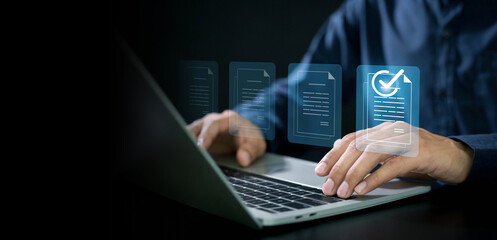 Businessman use document icon on virtual screen checklist and documentation management, business growth goals, develop success, planning and strategy create growth opportunities.