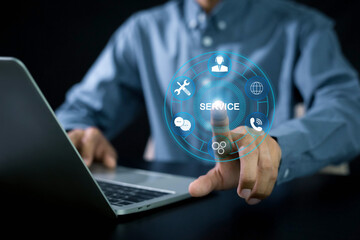 Service support customer help call center , business technology button on virtual screen concept. Customer relationship and service warranty quality assurance
