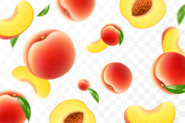 Flying ripe peach. Bright advertising background falling juicy sweet peach, realistic illustration with blurred effect. 3d vector design for advertising banners and web page design