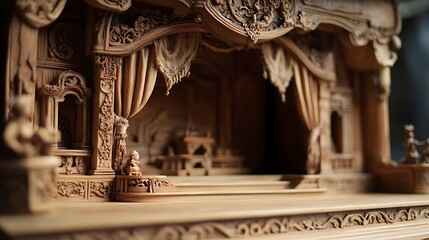 Fototapeta premium Intricately Carved Wooden Stage with Miniature Figure