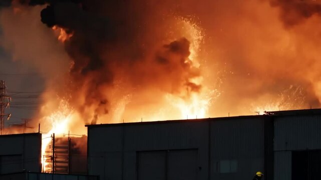 The factory was consumed by a blazing inferno, with flames and heat causing widespread destruction, turning the scene into a tragic disaster of burning devastation.