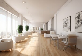 Fototapeta premium A modern, open-plan office space with large windows, white furniture, and abstract art on the walls.