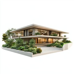 Fototapeta premium Photorealistic Mid-Century Modern Mansion - Isolated White Background