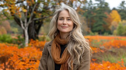 A serene autumn landscape capturing a smiling woman with long blonde hair, dressed in a brown coat and scarf, standing amid vibrant orange foliage