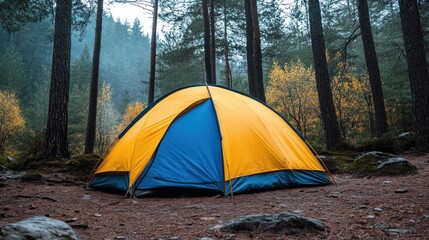 Yellow and Blue Tent in a Forest