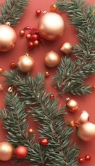 Obraz premium A festive arrangement of Christmas ornaments and greenery on a red background.