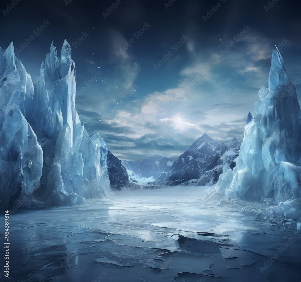 Wall mural a serene, frozen landscape with towering, jagged ice formations on either side of a calm, reflective