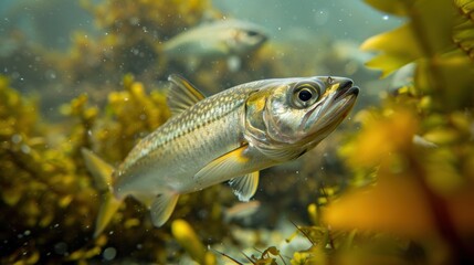 A close-up image of a fish swimming among underwater plants and seaweed in a vibrant and dynamic subaqueous environment, with another fish visible in the background