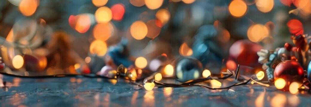 A close-up view of a Christmas tree adorned with colorful ornaments and twinkling lights, set against a blurred background of additional festive decorations.