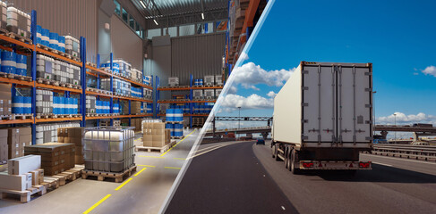 Logistics industry. Storage and transportation of goods. Truck is carrying goods from warehouse....