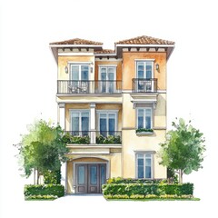 Fototapeta premium Watercolor Illustration: Modern Quadruplex House on White Background 1