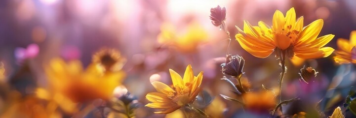 Fototapeta premium A field of vibrant yellow flowers bathed in soft, warm sunlight, with a blurred background of more flowers and foliage.