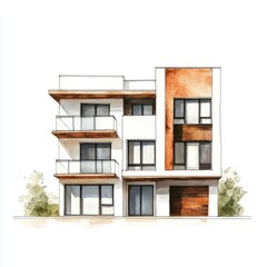Fototapeta premium Minimalist Quadruplex House Watercolor Painting - Isolated on White Background
