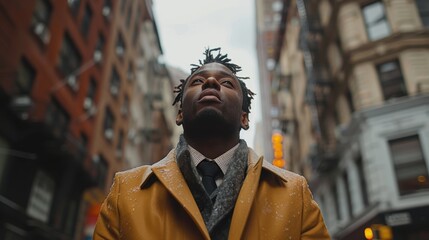 Fototapeta premium A young man with a serious expression and stylish attire stands confidently in between tall buildings on a bustling city street