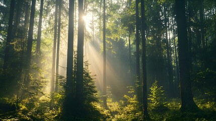 Obraz premium Misty morning sunlight filters through the trees in a vibrant autumn forest