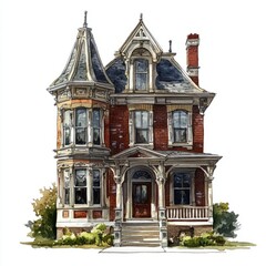 Watercolor Townhouse Illustration: Neo-Victorian Charm on White Background