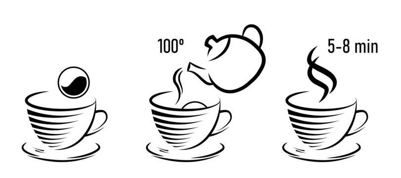 Vector black and white illustration of the algorithm and method of preparing and brewing tea, a tea bag in a cup, pour boiling water, note the time, instructions for the consumer, on transparent bg