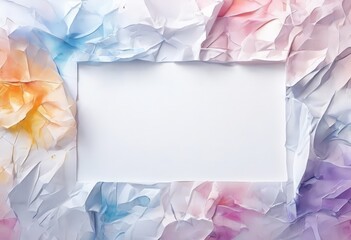 A white rectangular frame is centered against a crumpled, multicolored background.