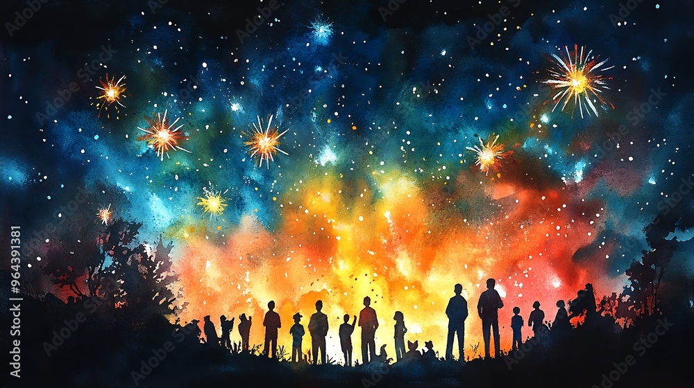 Canvas Prints People Watching Fireworks at Night.