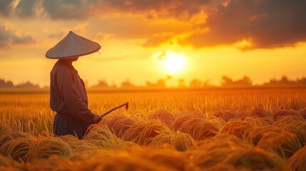 Fototapeta premium Silhouette of a Farmer in a Rice Paddy at Sunset