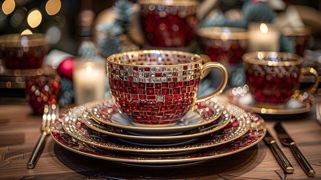 a tea cup on a stack of plates. 