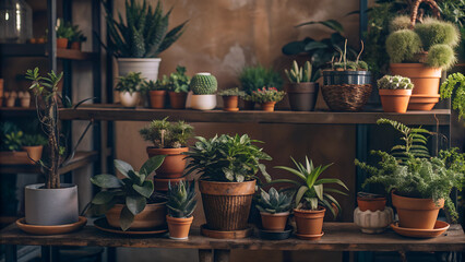 Beautiful arrangement of various indoor plants: display a variety of species in stylish pots, including succulents, ferns, and leafy greens