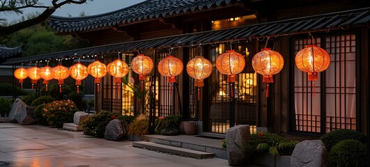 a row of lanterns in front of a building. 