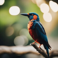 Majestic Bird Perched on Mossy Branch with Background Blur in Golden Light
