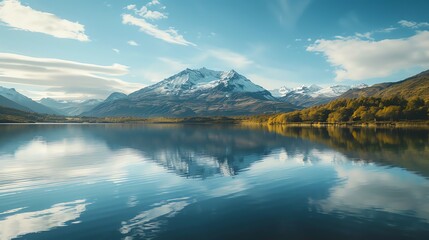 Fototapeta premium A mountain lake reflects the mountains and clouds.