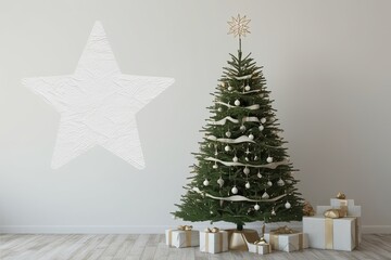 Elegant Contemporary Christmas Tree in Minimalist White Space with Star Outline and Textured Details