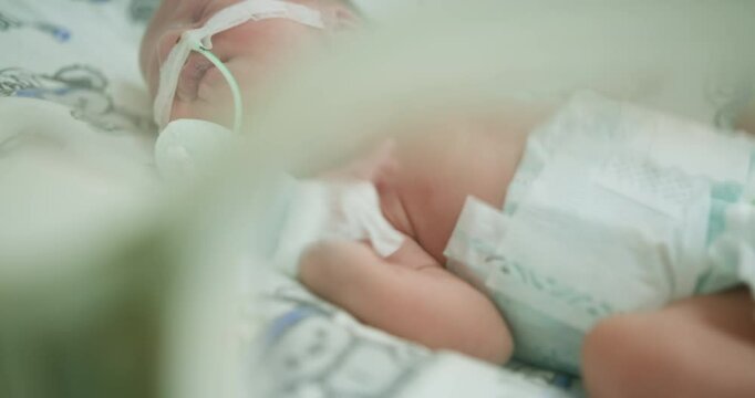 Neonatal intensive care unit for premature babies. Little boy in incubator with breathing tube, selective focus on baby. Premature newborn baby boy in hospital incubator after c-section