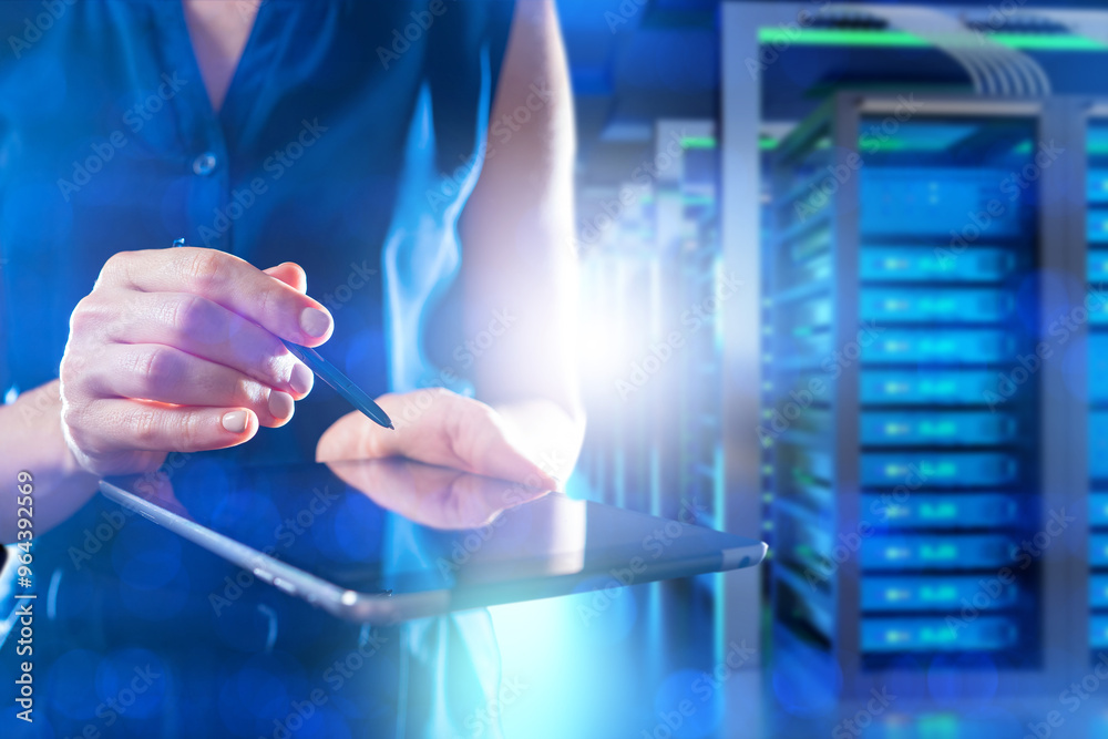 Poster big data analysis. woman with tablet in server room. cropped lady big data analyst. hosting provider