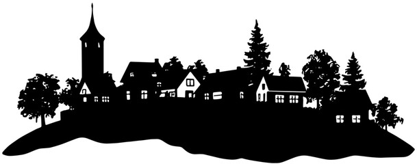 Obraz premium Silhouette of a small rural village, in black, isolated 