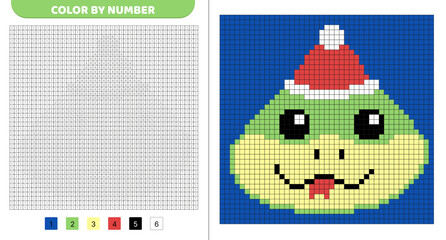 Naklejka premium Color by number. Snake in santa hat. Pixel coloring book. Numbered squares. Game for kids