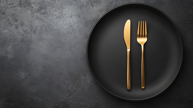 A black plate with a gold knife and fork on a dark grey background.