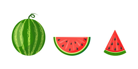 Watermelon and watermelon slices icon in flat style on white background. For project design, vegan products. Vector graphics 