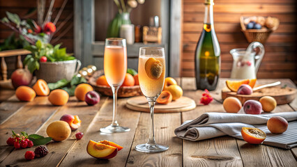 Obraz premium Elegant champagne glasses with peach slices surrounded by fresh fruits on a wooden table