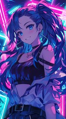 Cheerful Anime Girl with Neon Lights in Background