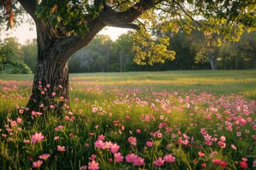 Obraz premium Spring Revival A Bloom of Flowers and Lush Green Fields