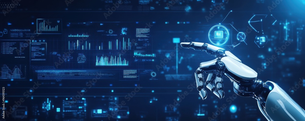 Poster futuristic digital background featuring an ai robot hand interacting with high-tech virtual data int